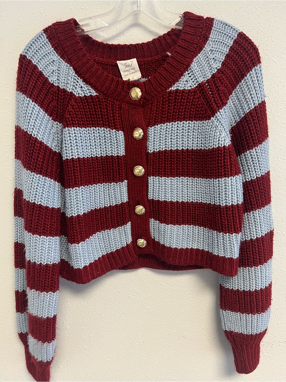 cinq a sept Burgundy & Light Blue Striped Cropped Cardigan